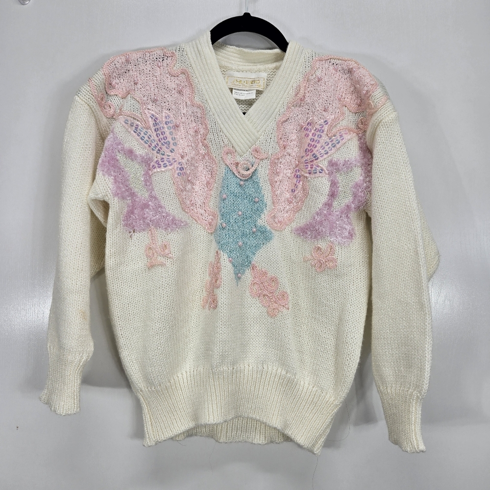 VTG 1980s Sheseido Pastel Sweater‎ M White Blue Pink Lurex Chenille Pearls Fairy